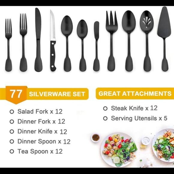 77-Piece Matte Black Silverware FlatwareSet,Plus Steak Knives & Serving Utensils - Picture 2 of 8